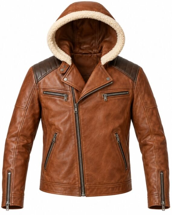 Men's Cognac Tan Chest Zip Asymmetric Moto Hooded Leather Jacket