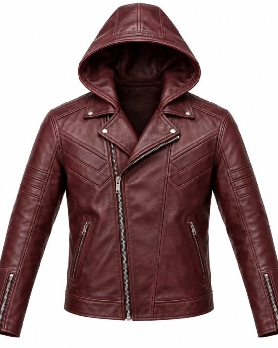 Men's Oxblood Burgundy Chevron Panel Asymmetric Moto Hooded Leather Jacket