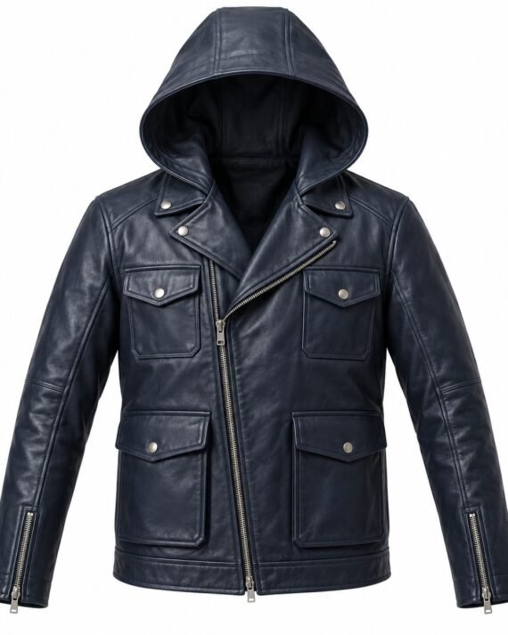 Men's Midnight Navy Flap Pocket Asymmetric Moto Hooded Leather Jacket