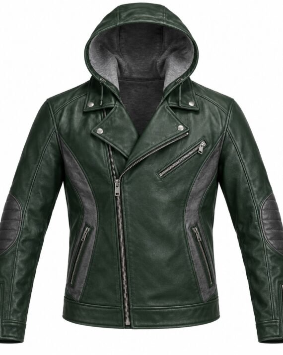 Men's Forest Green Contour Panel Asymmetric Moto Hooded Leather Jacket