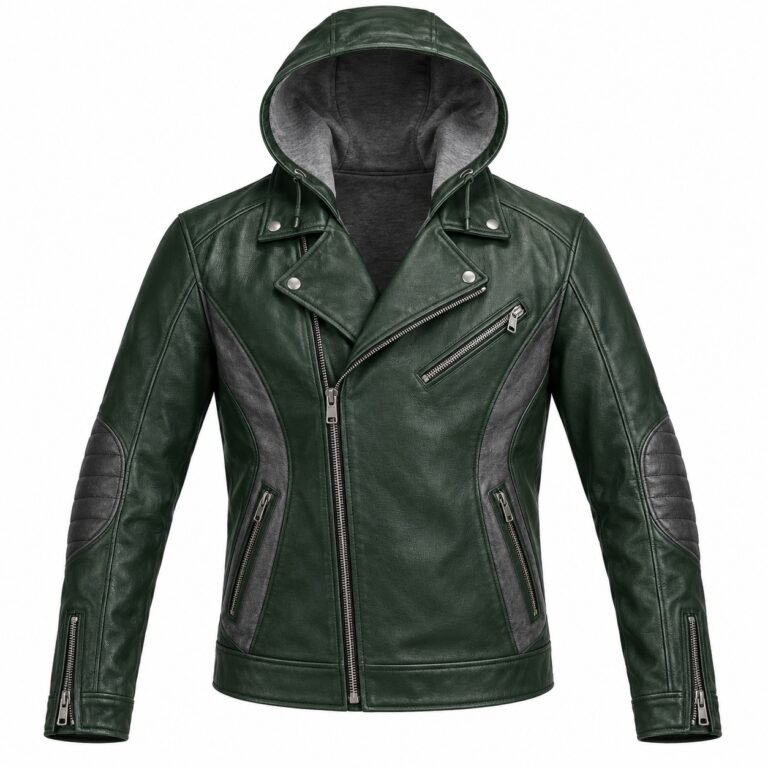 Men's Forest Green Contour Panel Asymmetric Moto Hooded Leather Jacket