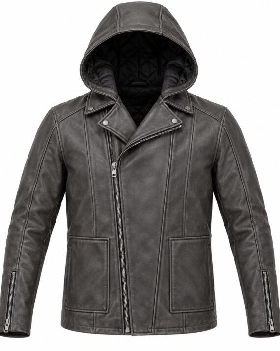 Men's Charcoal Grey Vertical Panel Asymmetric Moto Hooded Leather Jacket