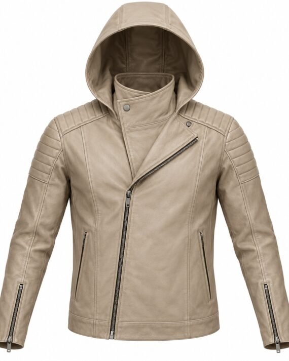 Men's Stone Beige Banded Shoulder Asymmetric Moto Hooded Leather Jacket