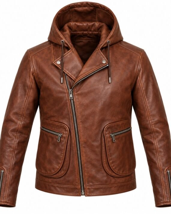 Men's Rust Brown Rounded Pocket Asymmetric Moto Hooded Leather Jacket
