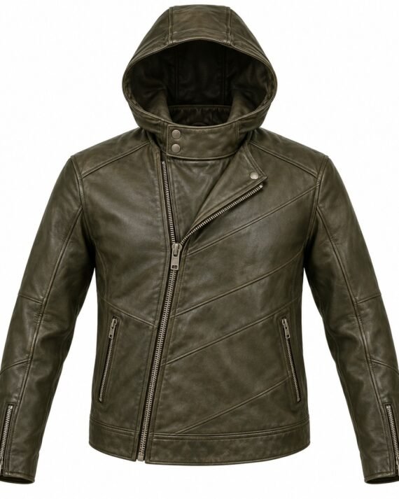Men's Dark Olive Diagonal Panel Asymmetric Moto Hooded Leather Jacket