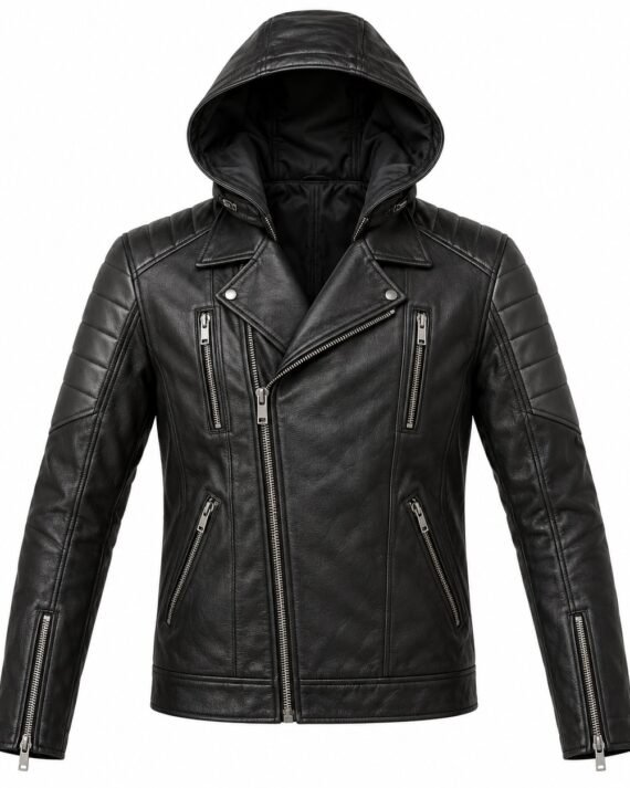 Men's Jet Black Contrast Sleeve Asymmetric Moto Hooded Leather Jacket