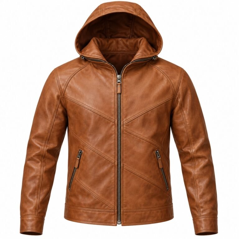 Men's Cognac Tan Diagonal Panel Raglan Hooded Leather Jacket