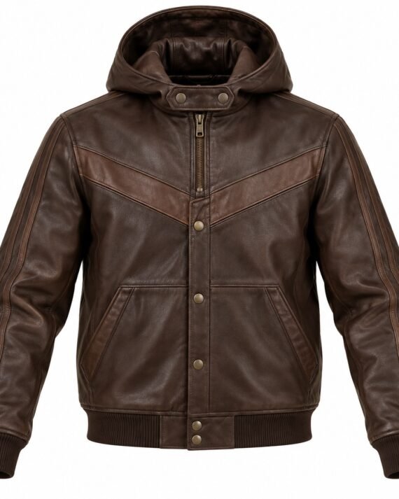 Men's Espresso Brown Chevron Panel Ribbed Varsity Hooded Leather Jacket