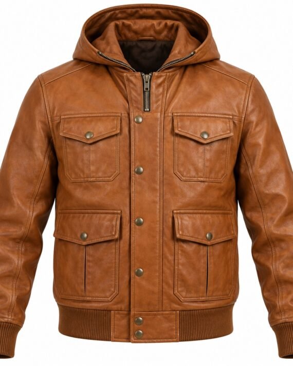 Men's Cognac Tan Flap Pocket Ribbed Varsity Hooded Leather Jacket