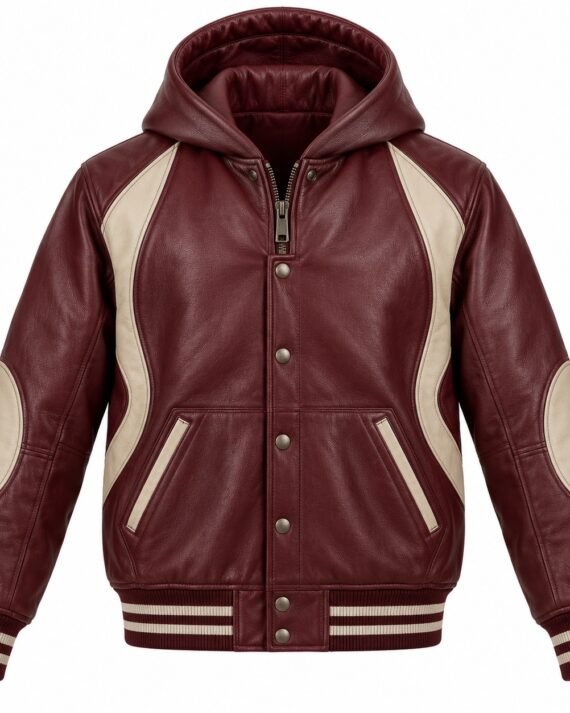 Men's Oxblood Burgundy Contour Panel Ribbed Varsity Hooded Leather Jacket