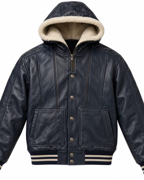 Men's Midnight Navy Vertical Panel Ribbed Varsity Hooded Leather Jacket
