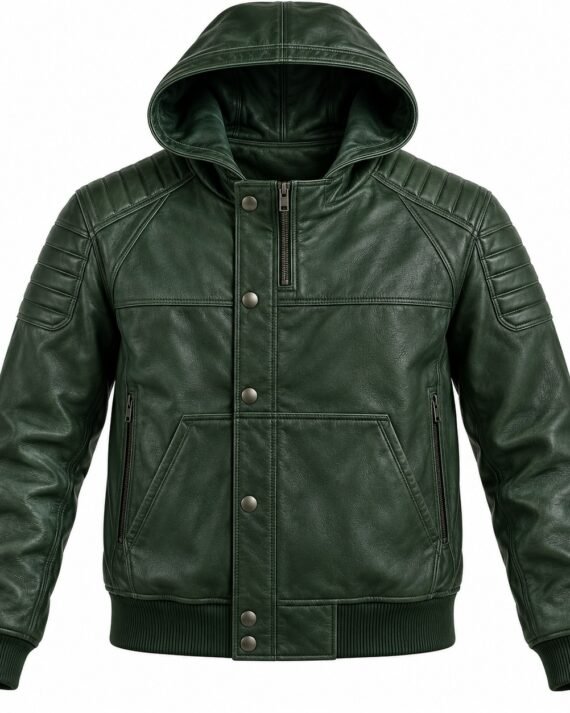 Men's Forest Green Banded Shoulder Ribbed Varsity Hooded Leather Jacket