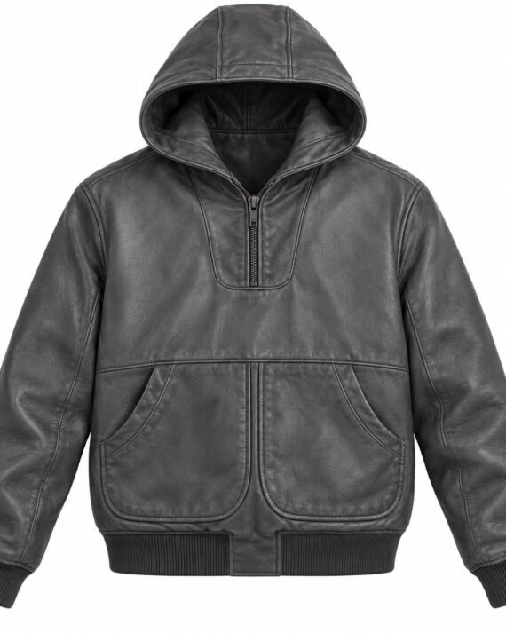 Men's Charcoal Grey Rounded Pocket Ribbed Varsity Hooded Leather Jacket