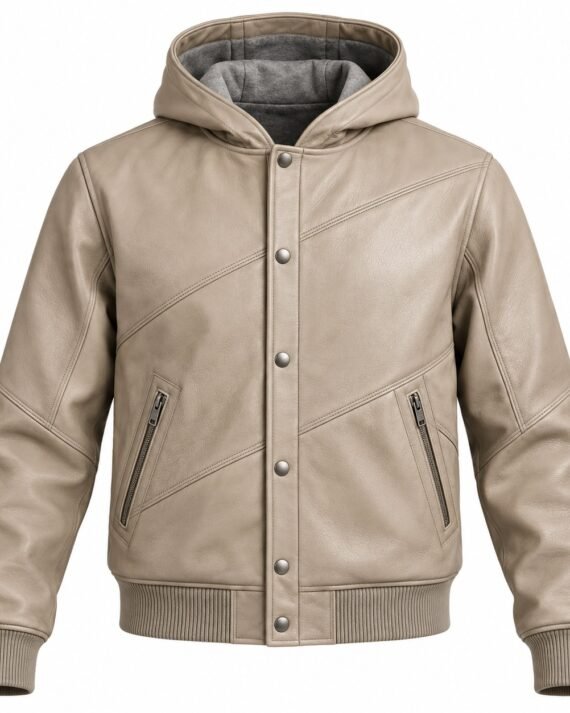 Men's Stone Beige Diagonal Panel Ribbed Varsity Hooded Leather Jacket