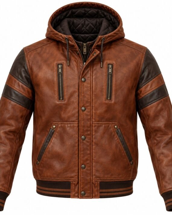 Men's Rust Brown Contrast Sleeve Ribbed Varsity Hooded Leather Jacket