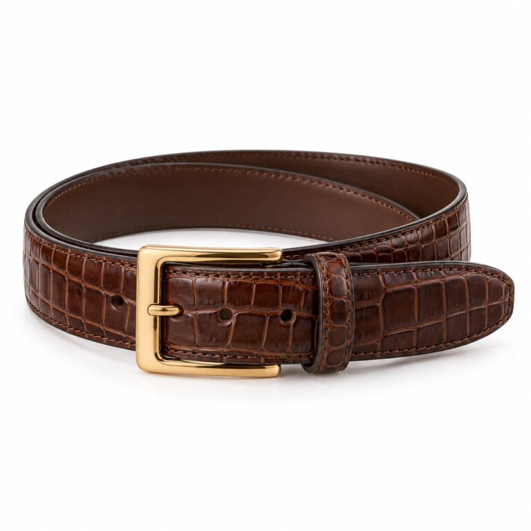 Chocolate Leather Belt - Croc Embossed