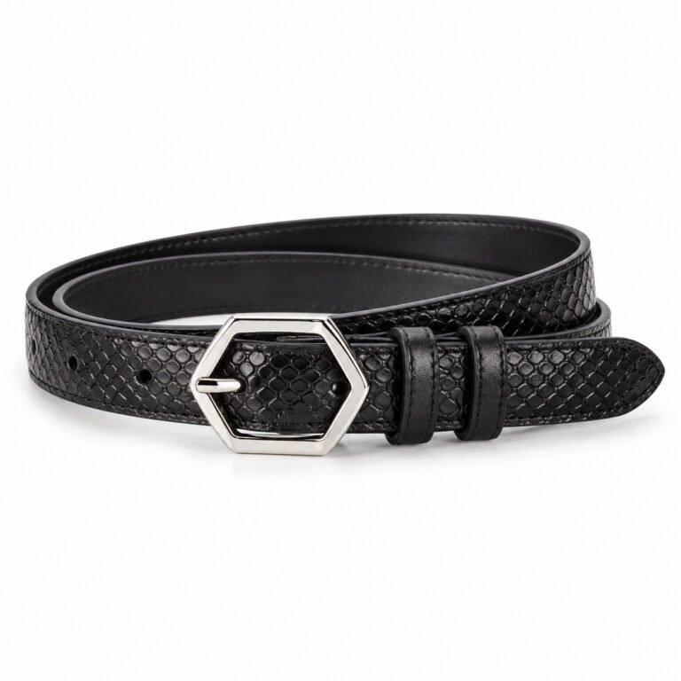 Black Leather Belt - Snake Embossed