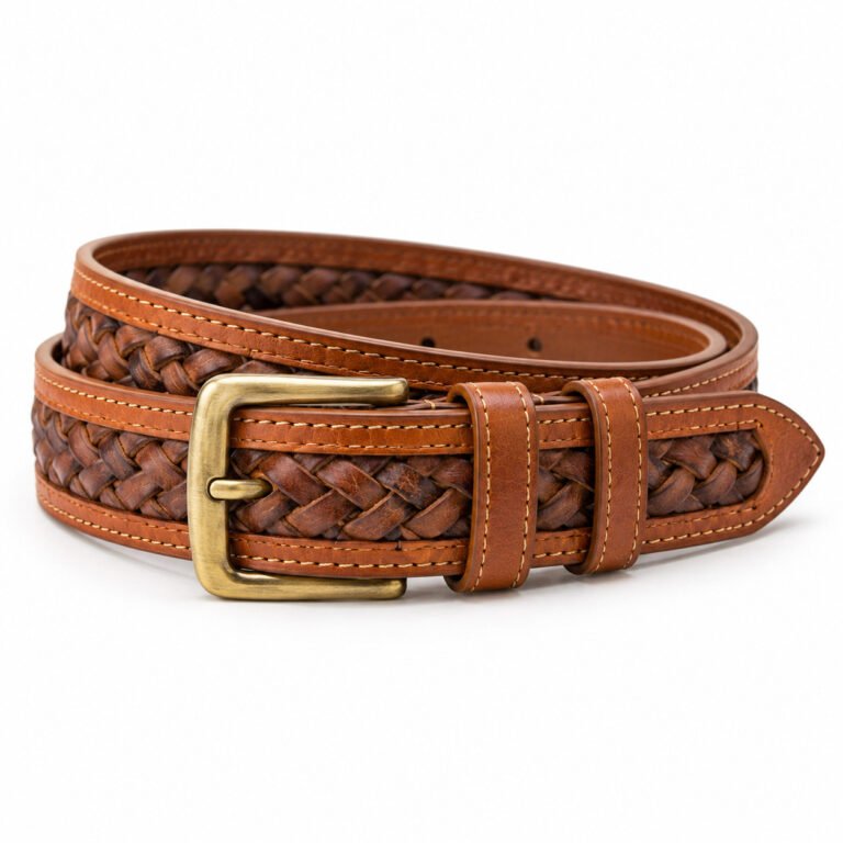 Tan Leather Belt - Woven Panel