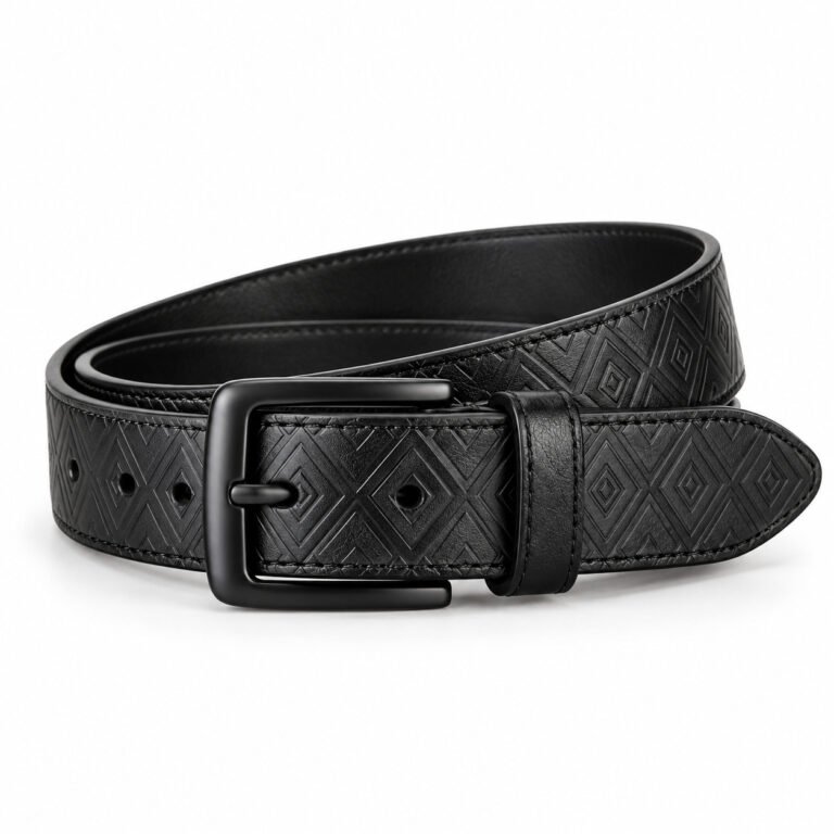 Black Leather Belt - Geometric Embossed