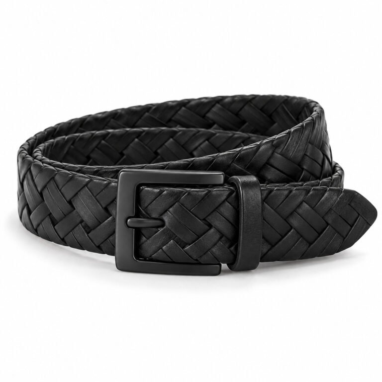 Black Leather Belt - Herringbone Woven