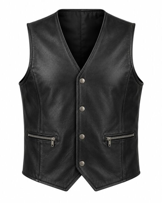 Men's Black Leather Vest - Classic Snap Biker