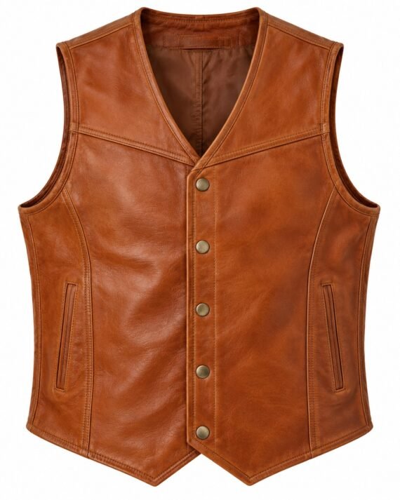 Men's Cognac Tan Leather Vest - Classic Snap Biker