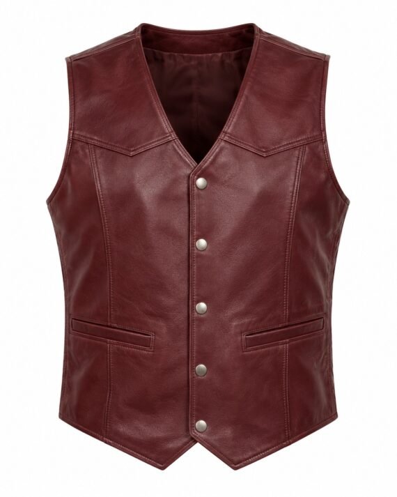Men's Burgundy Leather Vest - Classic Snap Biker