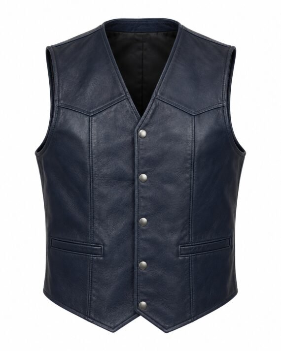 Men's Navy Leather Vest - Classic Snap Biker
