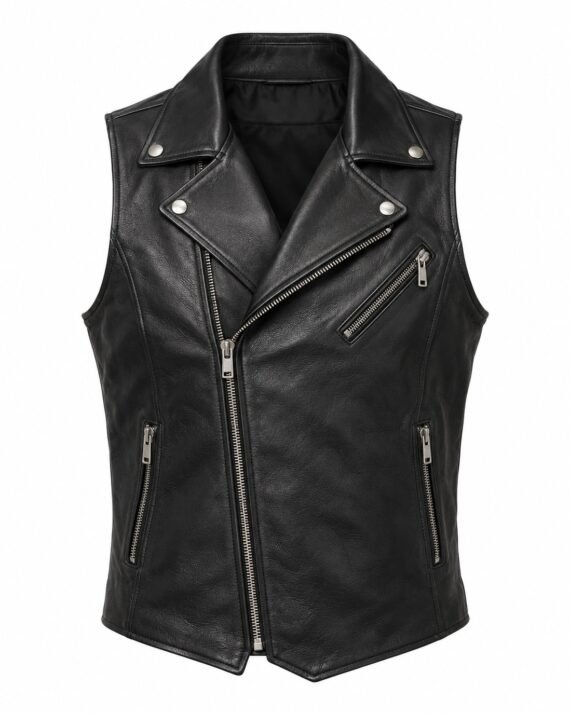 Men's Black Leather Vest - Asymmetric Zip Moto
