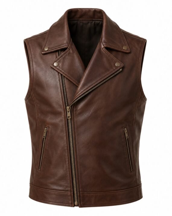 Men's Chocolate Brown Leather Vest - Asymmetric Zip Moto