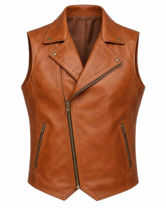 Men's Cognac Tan Leather Vest - Asymmetric Zip Moto