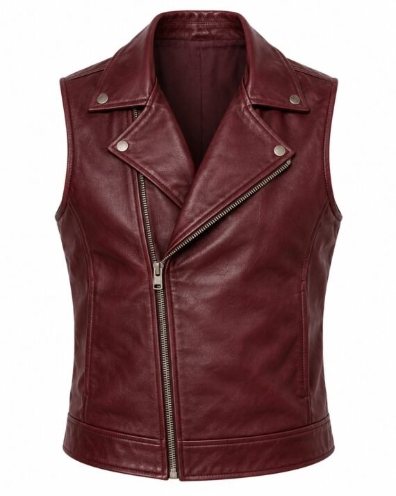 Men's Burgundy Leather Vest - Asymmetric Zip Moto