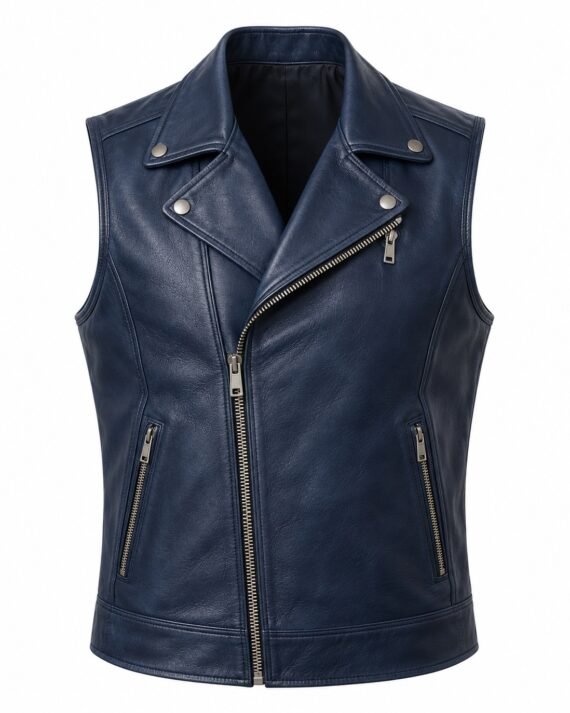 Men's Navy Leather Vest - Asymmetric Zip Moto