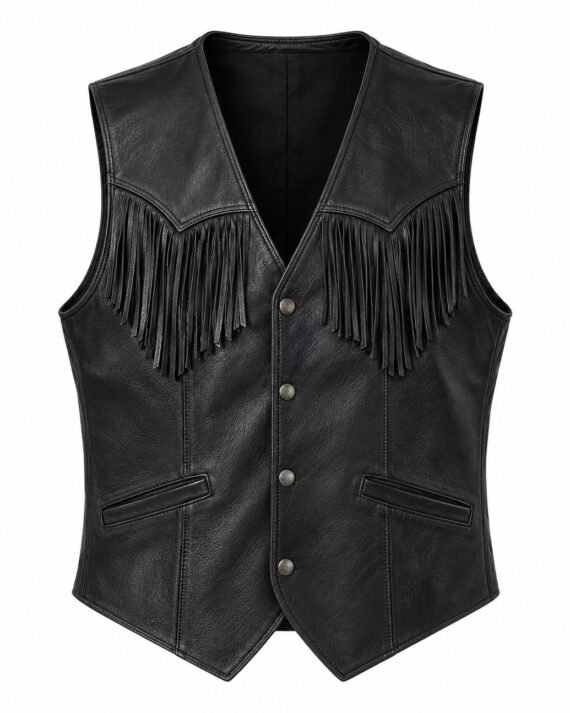 Men's Black Leather Vest - Western Yoke Fringe