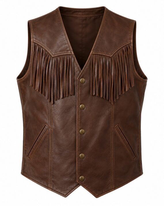 Men's Chocolate Brown Leather Vest - Western Yoke Fringe