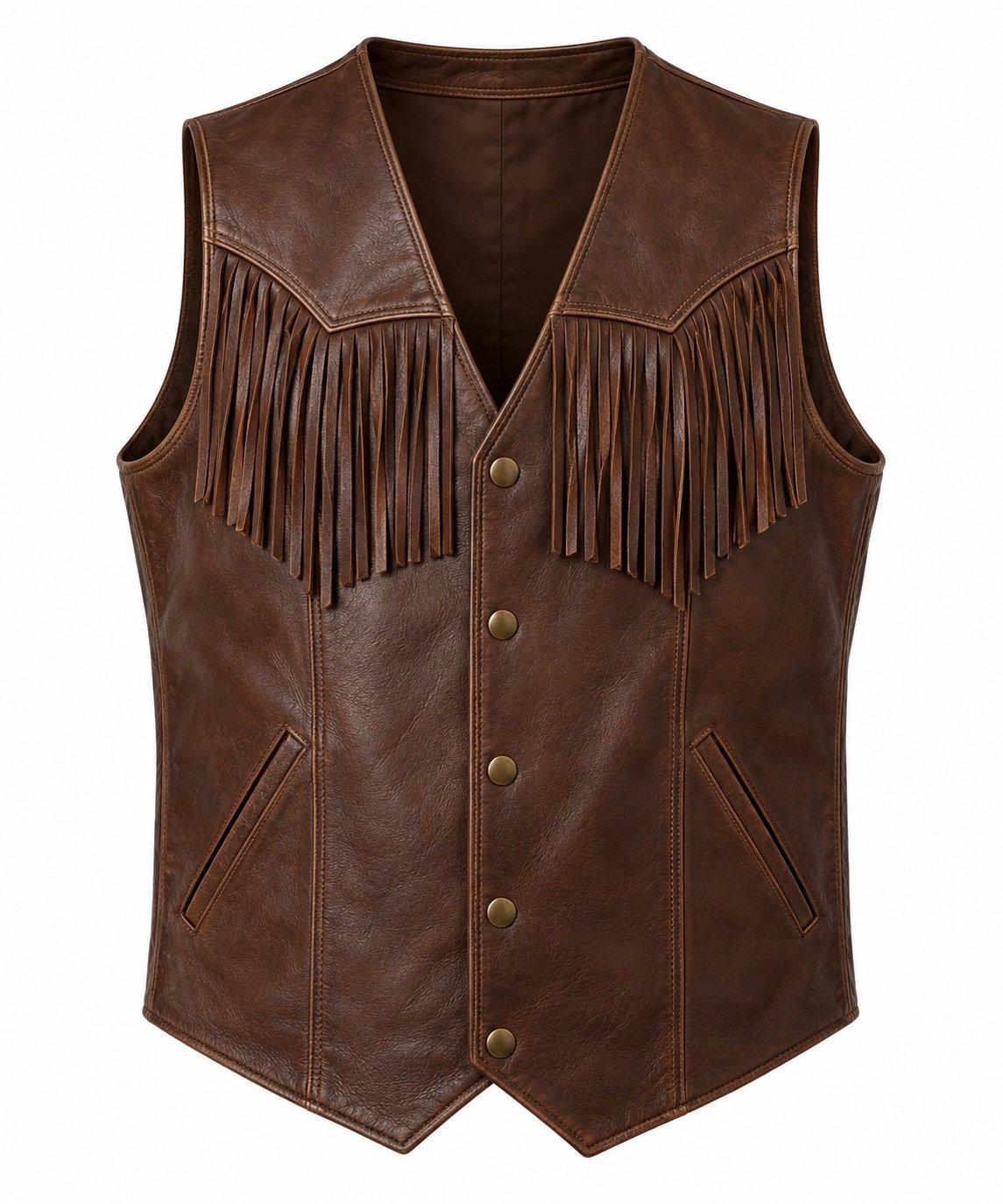 Men's Chocolate Brown Leather Vest - Western Yoke Fringe