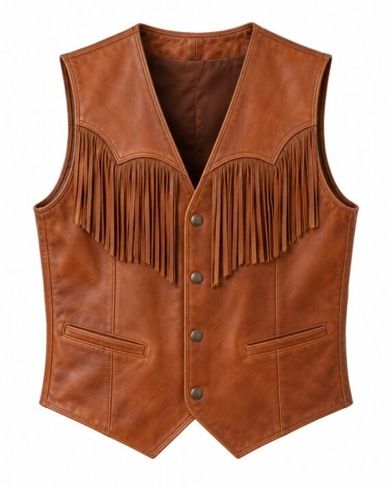 Men's Cognac Tan Leather Vest - Western Yoke Fringe