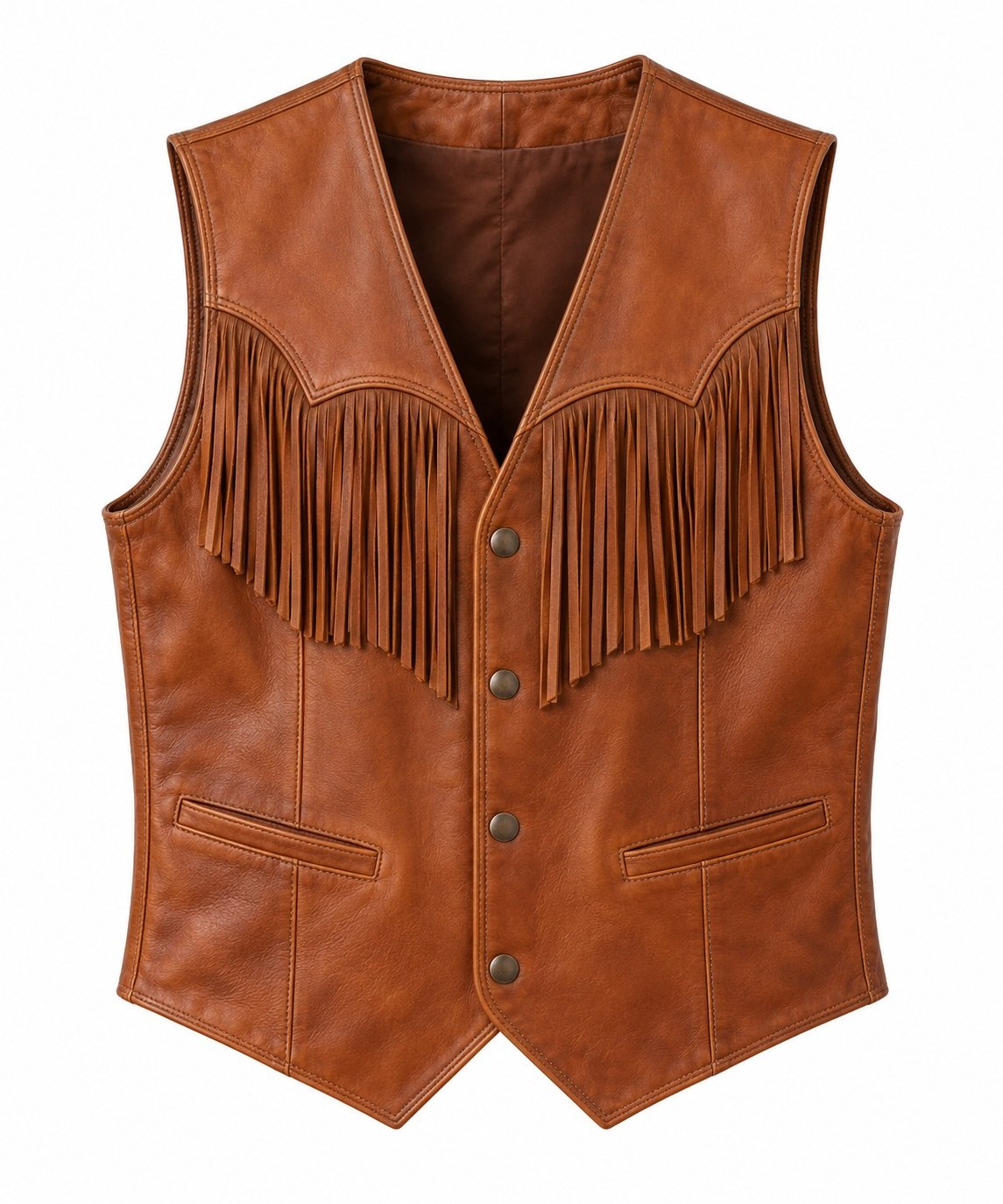 Men's Cognac Tan Leather Vest - Western Yoke Fringe
