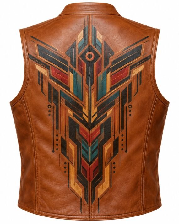 Men's Cognac Tan Printed Leather Vest - Cyber Geometric