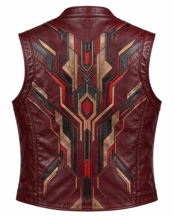 Men's Burgundy Printed Leather Vest - Cyber Geometric