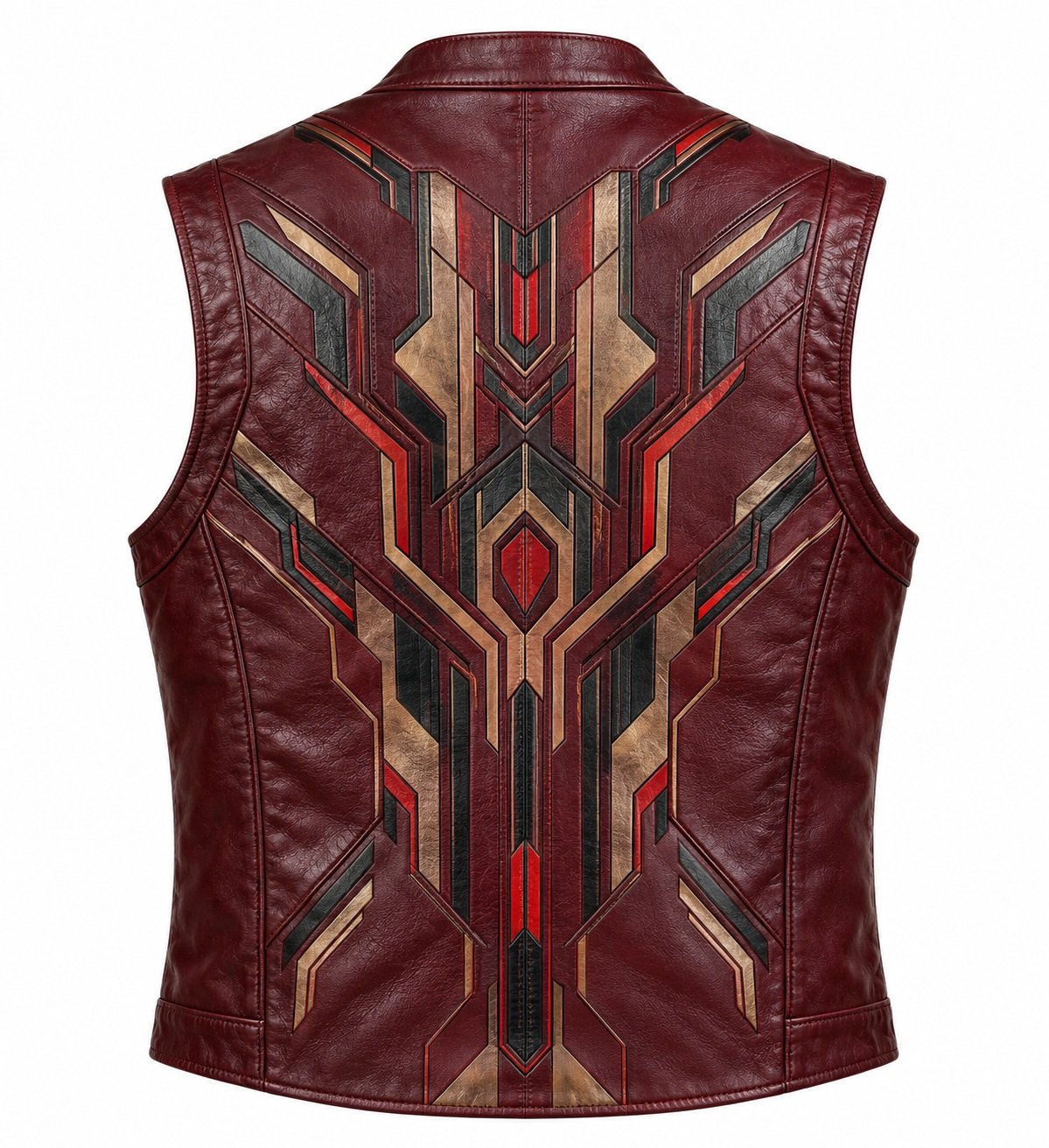 Men's Burgundy Printed Leather Vest - Cyber Geometric