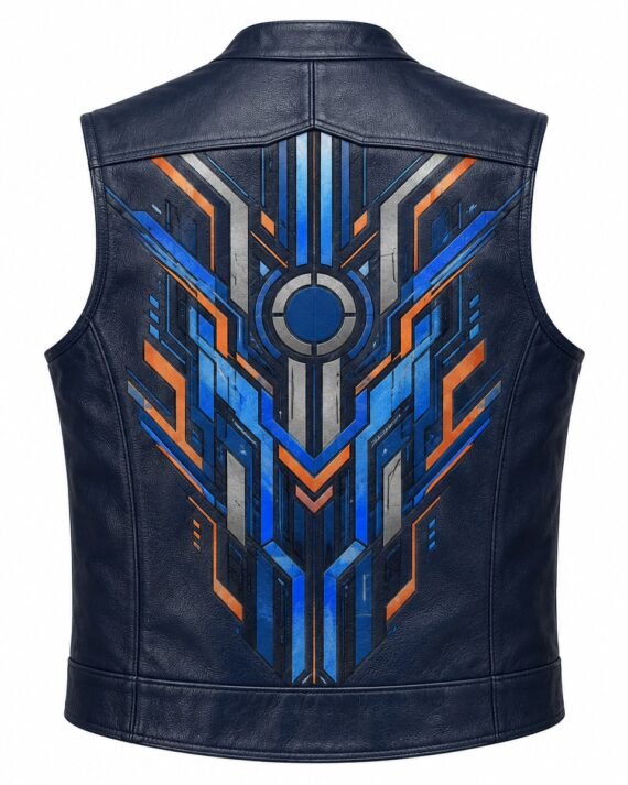 Men's Navy Printed Leather Vest - Cyber Geometric