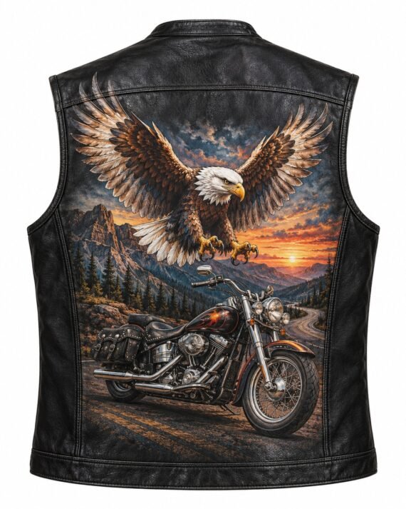Men's Black Printed Leather Vest - Vintage Motorcycle
