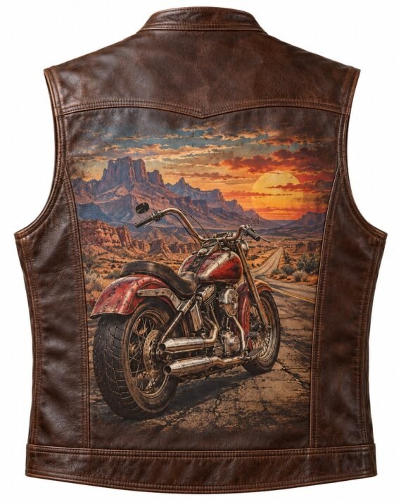 Men's Chocolate Brown Printed Leather Vest - Vintage Motorcycle