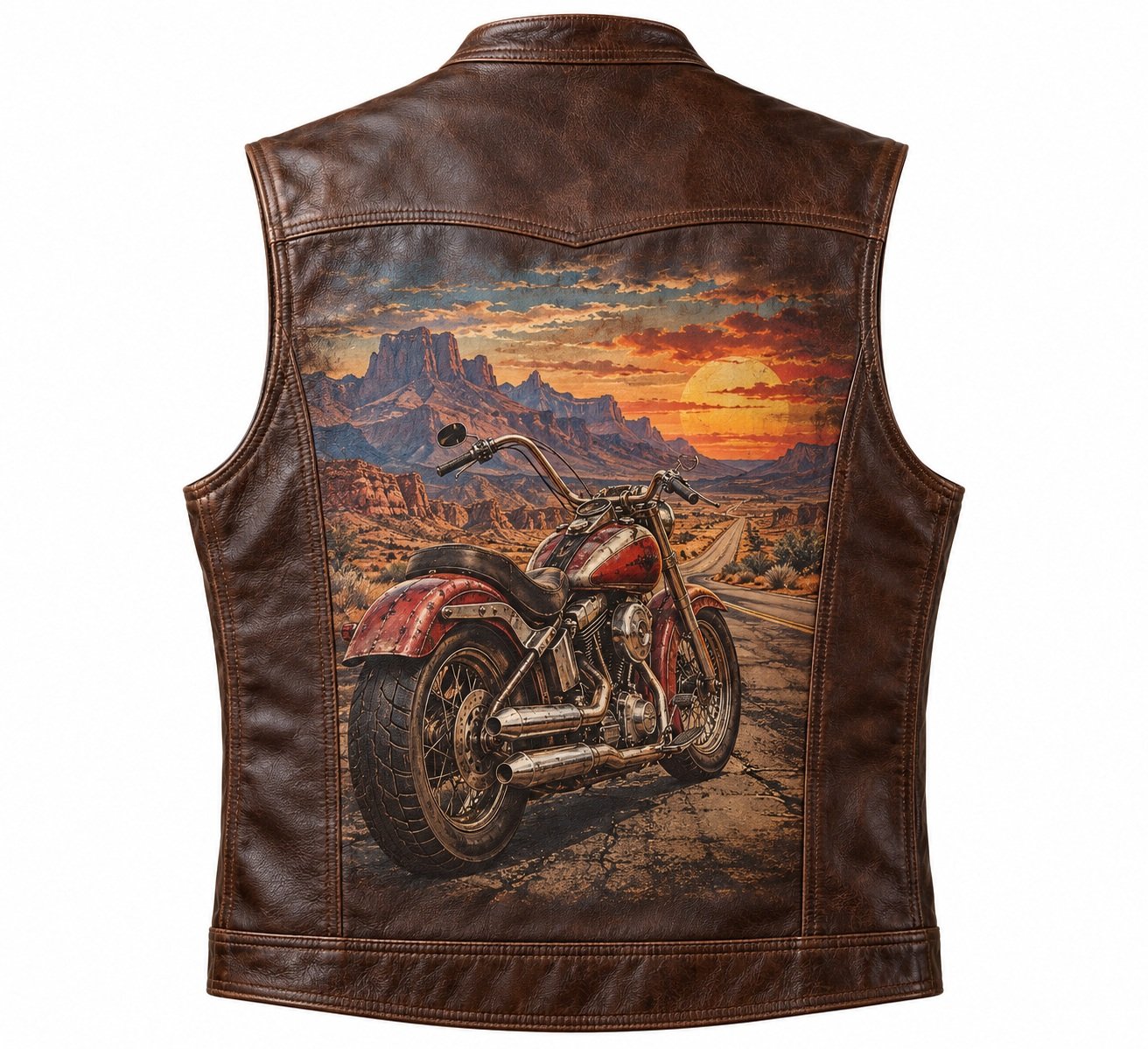Men's Chocolate Brown Printed Leather Vest - Vintage Motorcycle
