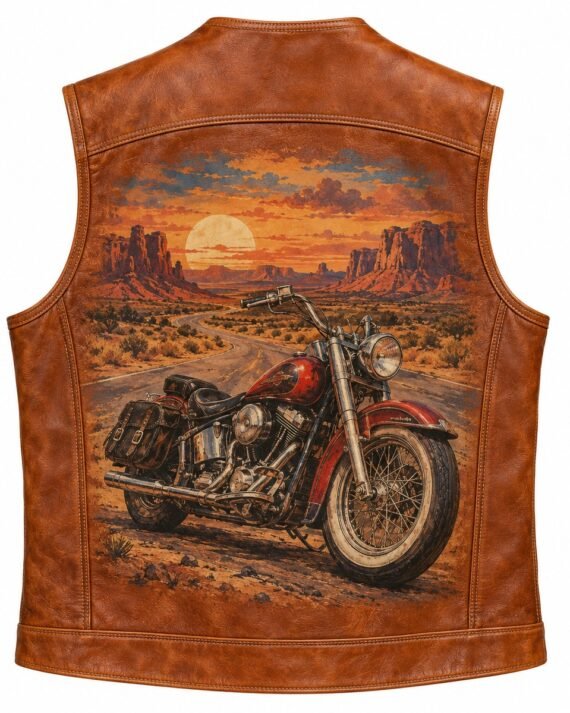 Men's Cognac Tan Printed Leather Vest - Vintage Motorcycle