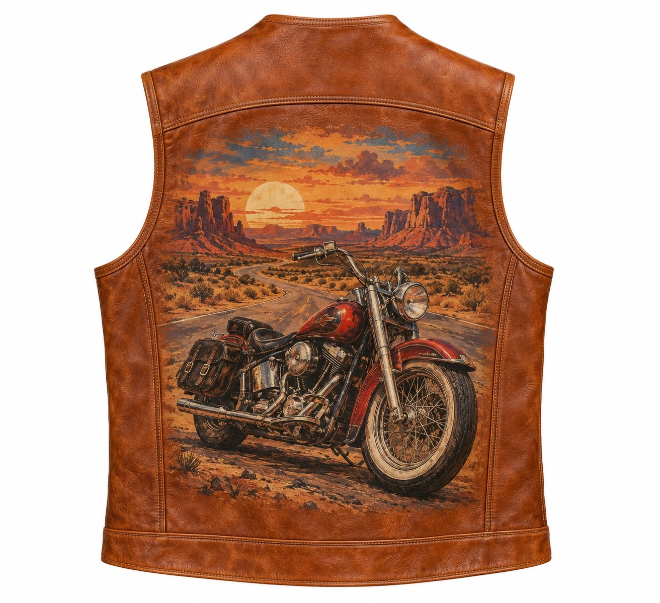 Men's Cognac Tan Printed Leather Vest - Vintage Motorcycle