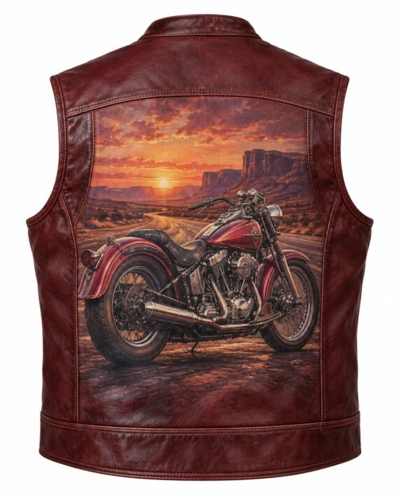 Men's Burgundy Printed Leather Vest - Vintage Motorcycle