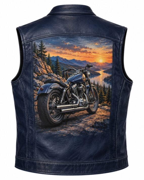Men's Navy Printed Leather Vest - Vintage Motorcycle