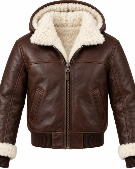 Men's Chocolate Brown Hooded Bomber Jacket with White Shearling